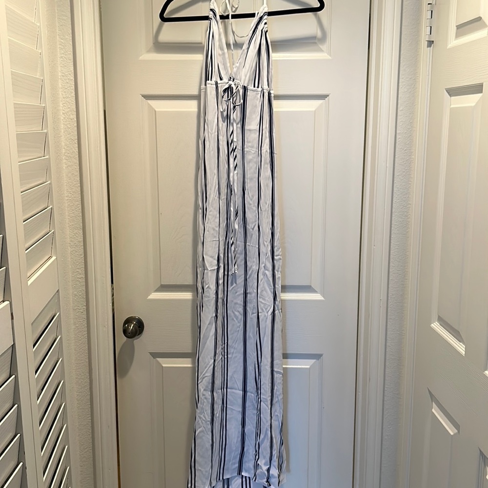 NWT Flynn Skye halter blue & white stripe dress, size M.